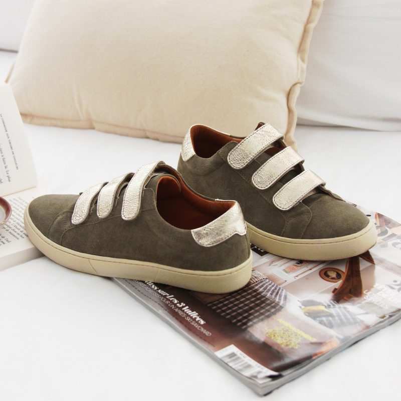vue posee baskets scratch cuir daim kaki doré jules & jenn