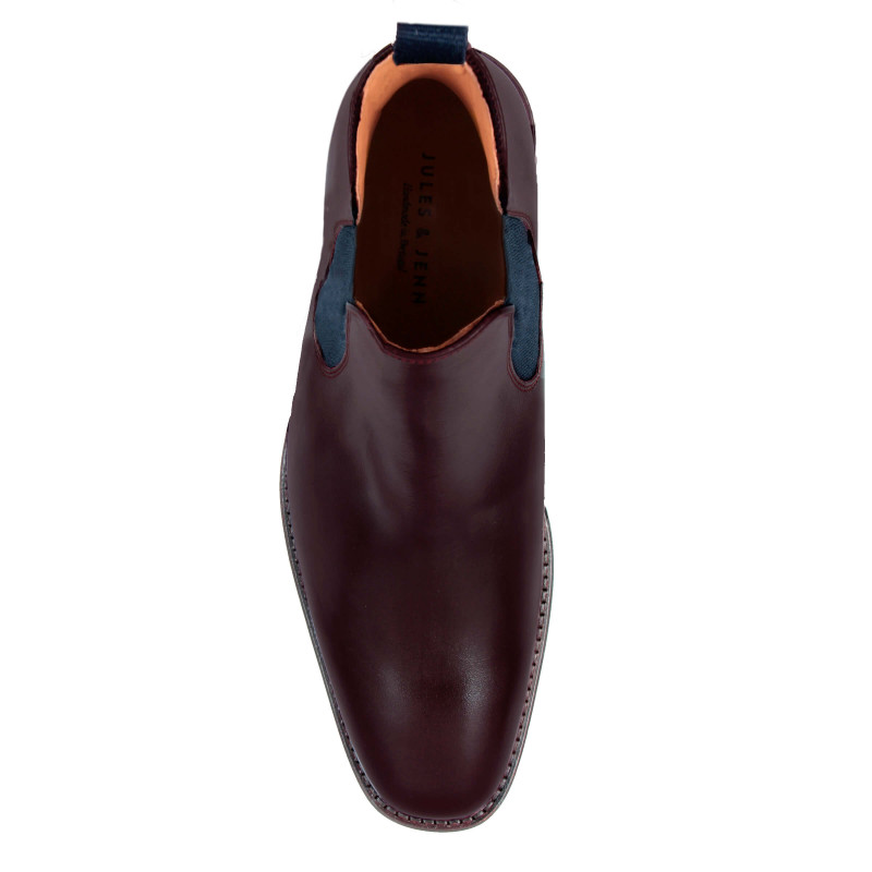 vue dessus chelsea boots cuir bordeaux et bleu JULES & JENN