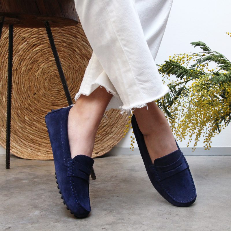 vue portee mocassins cuir daim bleu jules & jenn