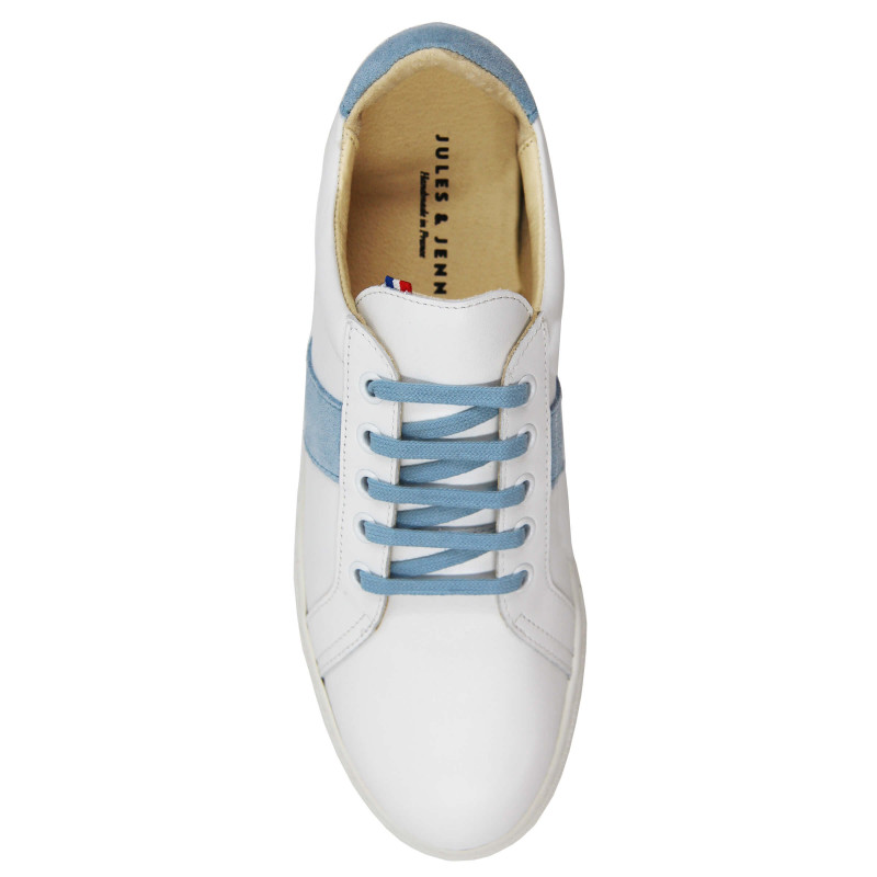 vue dessus baskets made in france cuir blanc bleu clair jules & jenn