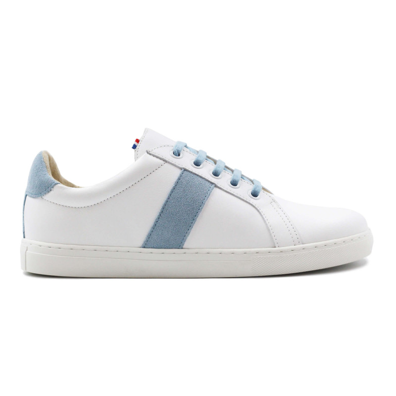 vue exterieur baskets made in france cuir blanc bleu clair jules & jenn