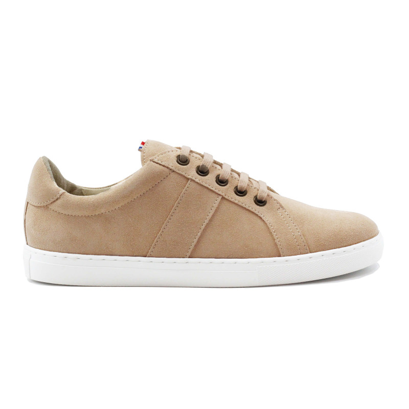 vue exterieur baskets made in France cuir daim beige jules & jenn