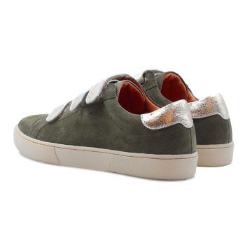 vue arrière baskets à scratch cuir daim kaki et doré JULES & JENN