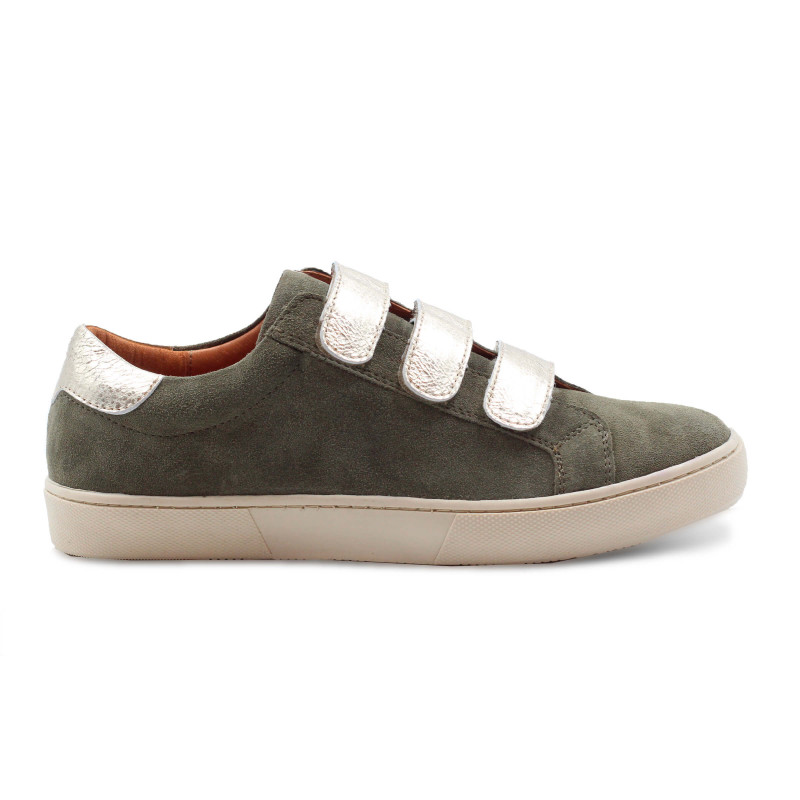 vue extérieur baskets à scratch cuir daim kaki et doré JULES & JENN