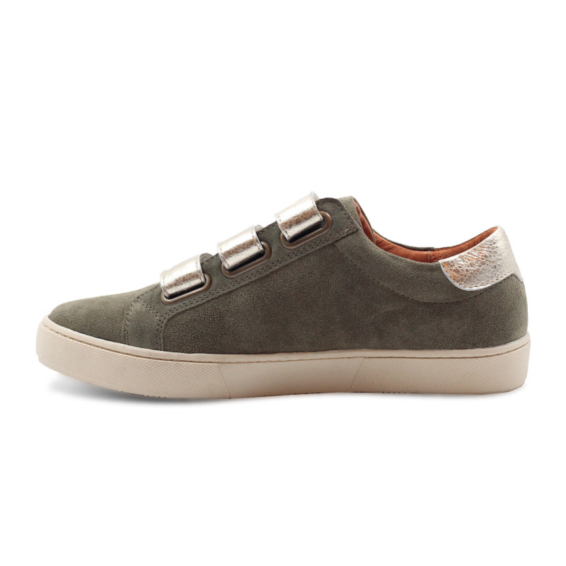 vue intérieur baskets à scratch cuir daim kaki et doré JULES & JENN