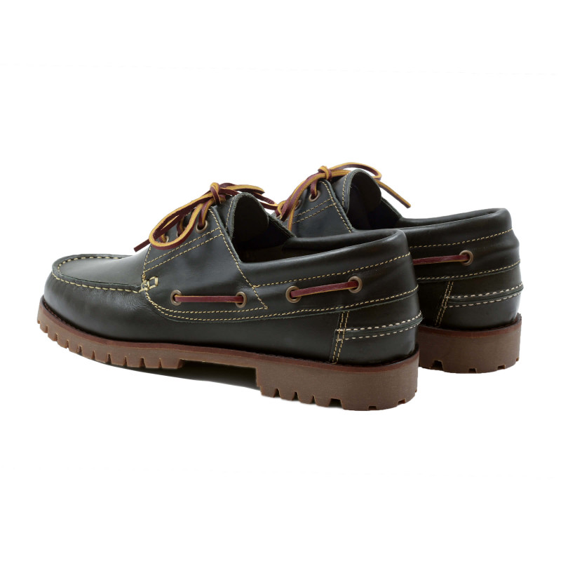 vue arrière chaussures bateau crampons cuir vert JULES & JENN