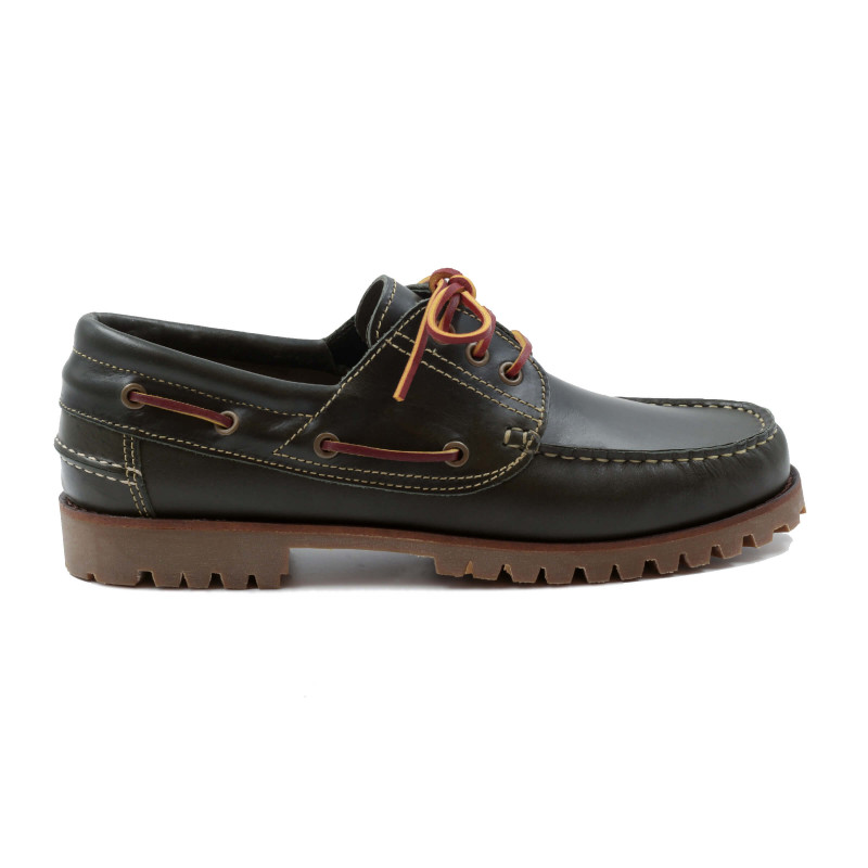 vue extérieur chaussures bateau crampons cuir vert JULES & JENN