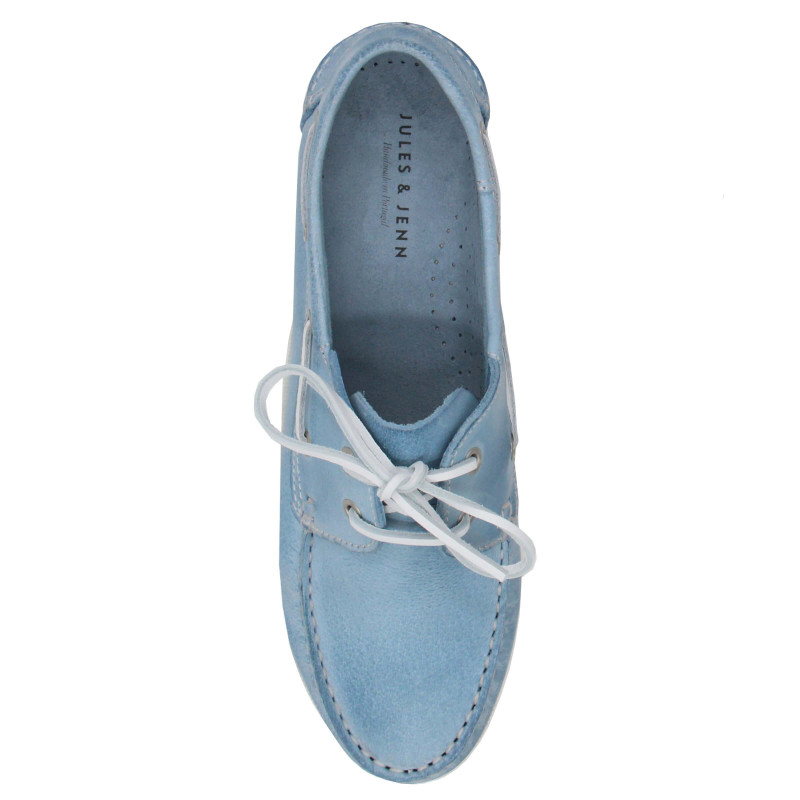 vue dessus chaussure bateau cuir bleu clair JULES & JENN