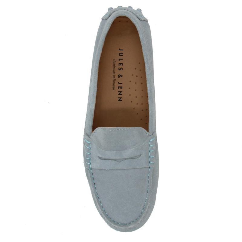 vue dessus mocassins femme cuir daim bleu clair jules & jenn