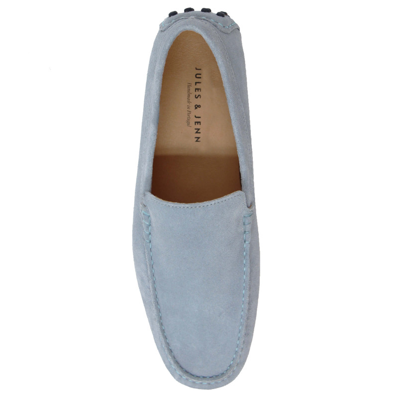 vue dessus mocassins homme cuir daim bleu clair jules & jenn