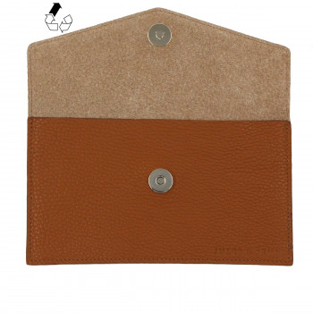 vue dessus pochette enveloppe cuir grainé upcyclé camel jules & jenn