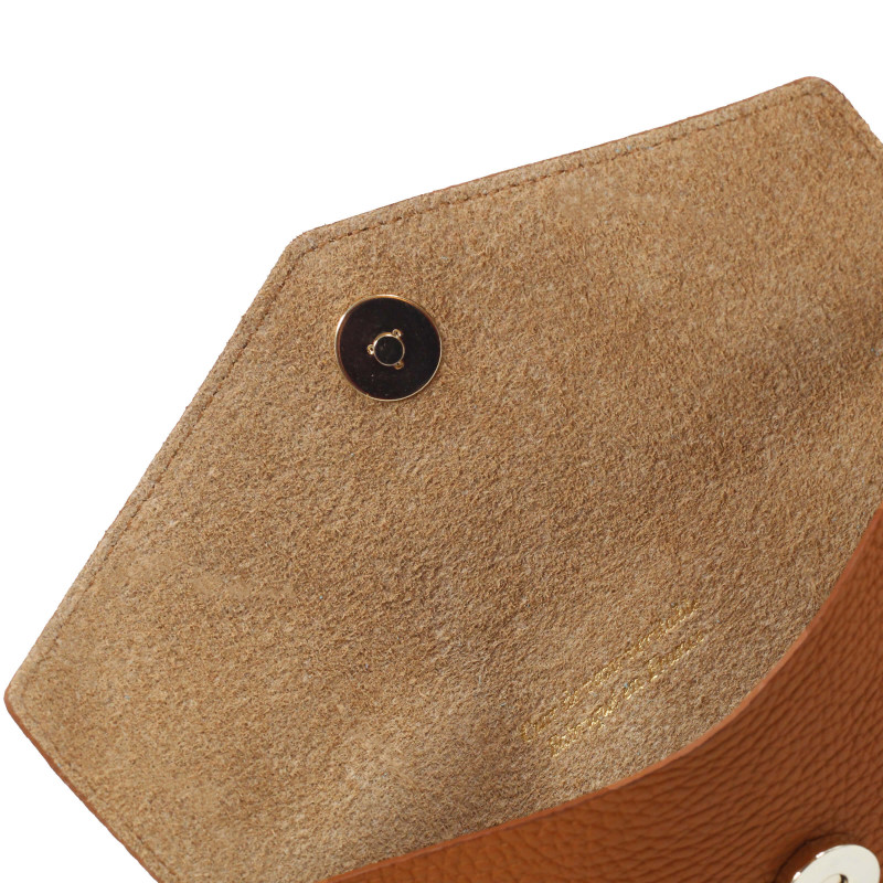 vue interieure pochette enveloppe cuir grainé upcyclé camel jules & jenn