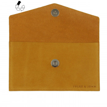 vue dessus pochette enveloppe cuir upcyclé moutarde jules & jenn