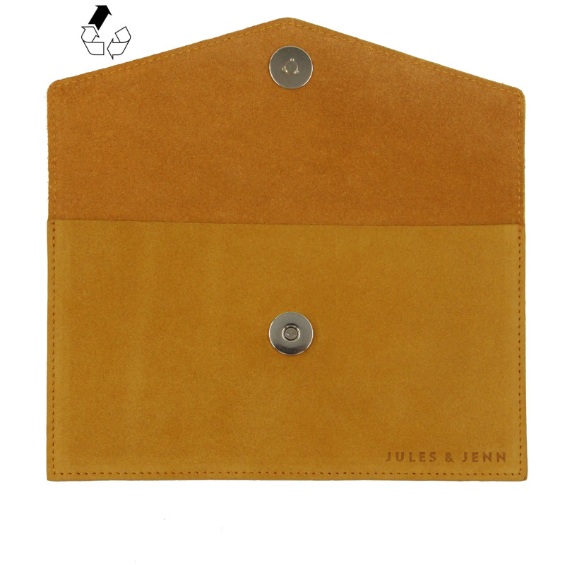 vue dessus pochette enveloppe cuir upcyclé moutarde jules & jenn