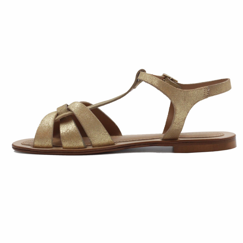 vue interieur sandales croisees cuir daim metallise dore jules & jenn