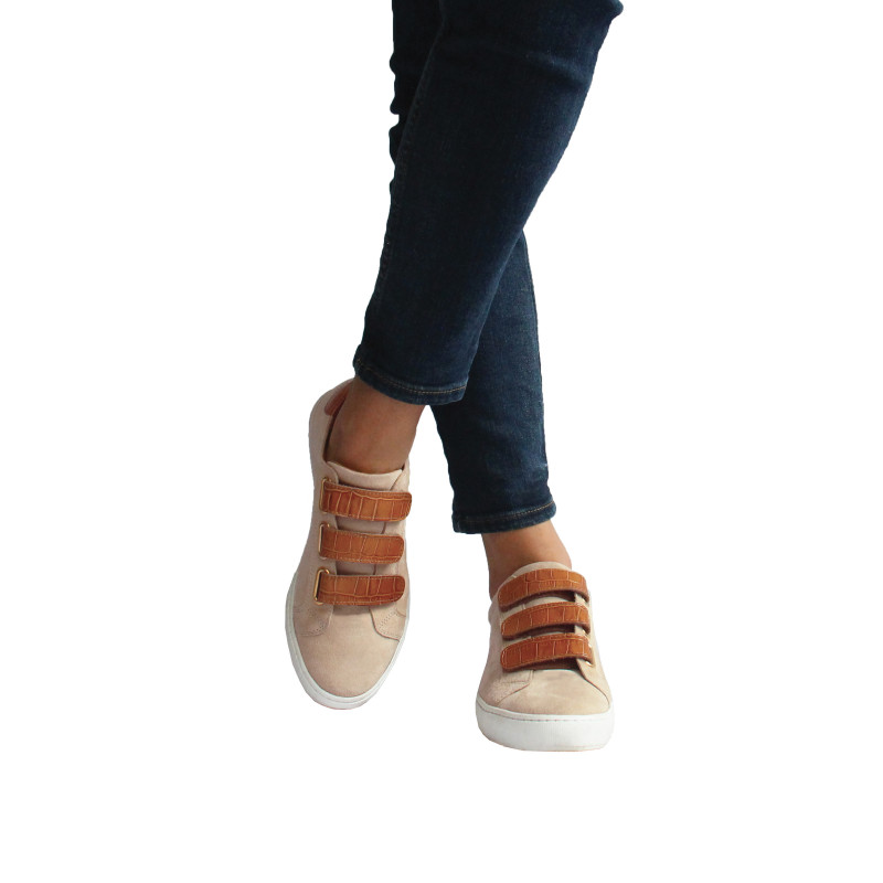 vue portee baskets scratch cuir daim beige cognac jules & jenn