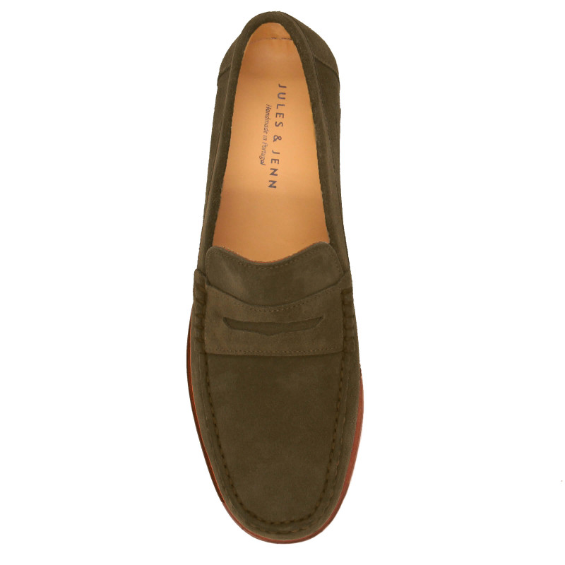 vue dessus mocassins urbains cuir velours kaki jules & jenn