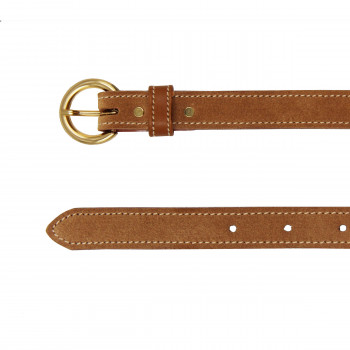 vue dessus ceinture boucle or cuir daim camel jules & jenn