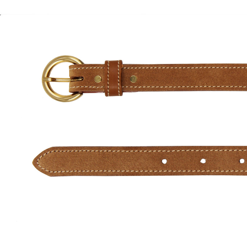 vue dessus ceinture boucle or cuir daim camel jules & jenn