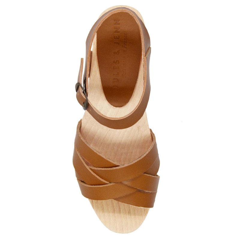 vue dessus sandales talon bois cuir camel jules & jenn