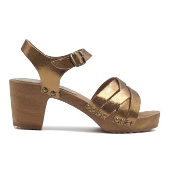vue exterieure sandales talon bois cuir metallise bronze jules & jenn