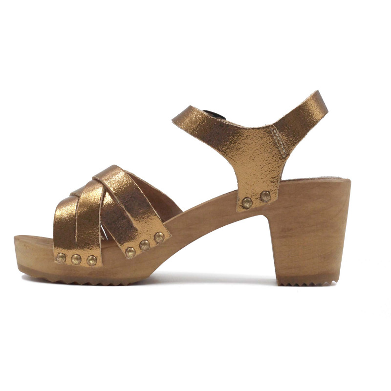 vue interieure sandales talon bois cuir metallise bronze jules & jenn