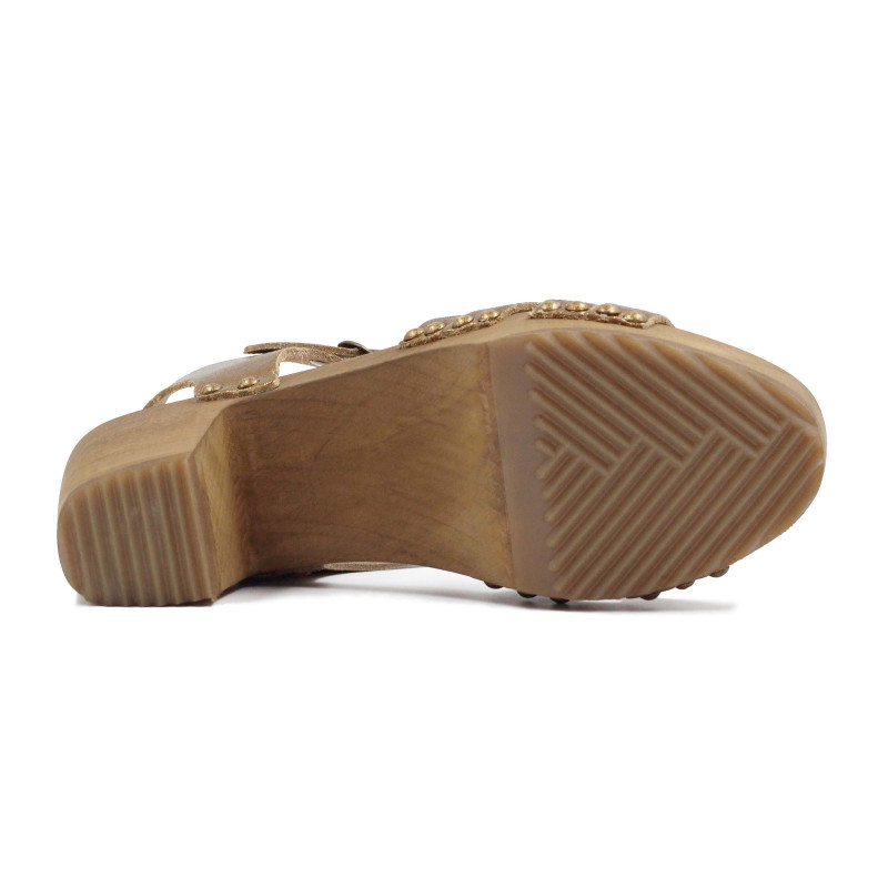 vue dessous sandales talon bois cuir metallise bronze jules & jenn
