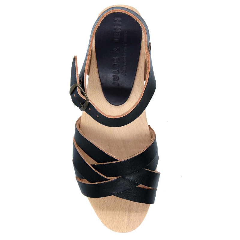 vue dessus sandales talon bois cuir noir jules & jenn