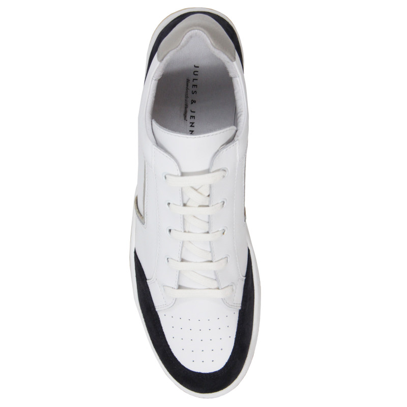 vue dessus baskets retro homme cuir blanc & bleu jules & jenn