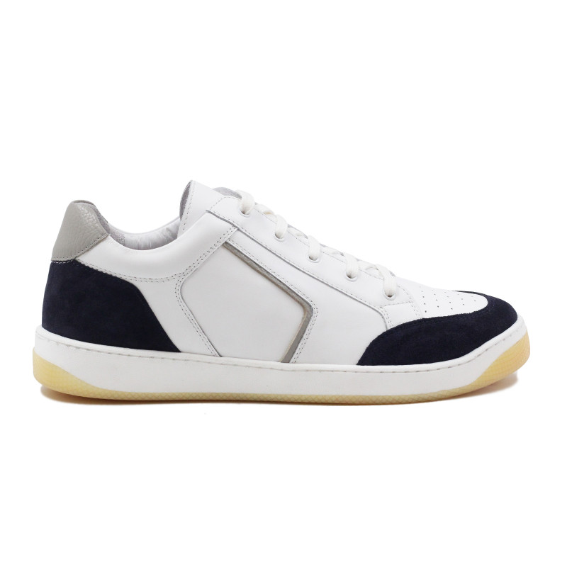 vue exterieur baskets retro homme cuir blanc & bleu jules & jenn