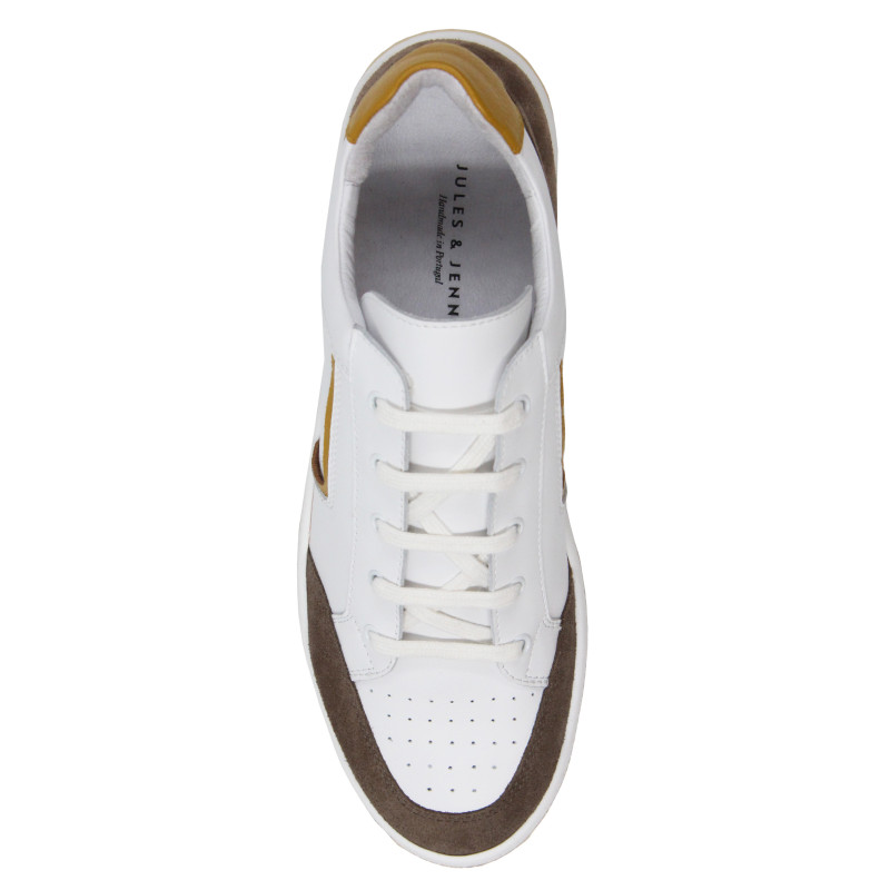 vue dessus baskets retro homme cuir blanc & taupe jules & jenn