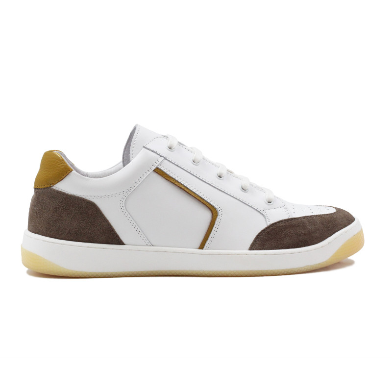 vue exterieur baskets retro homme cuir blanc & taupe jules & jenn