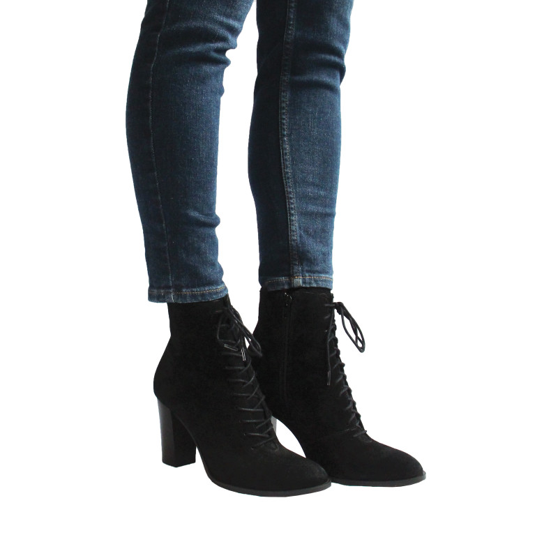 vue portee bottines talon lacets cuir daim noir jules & jenn