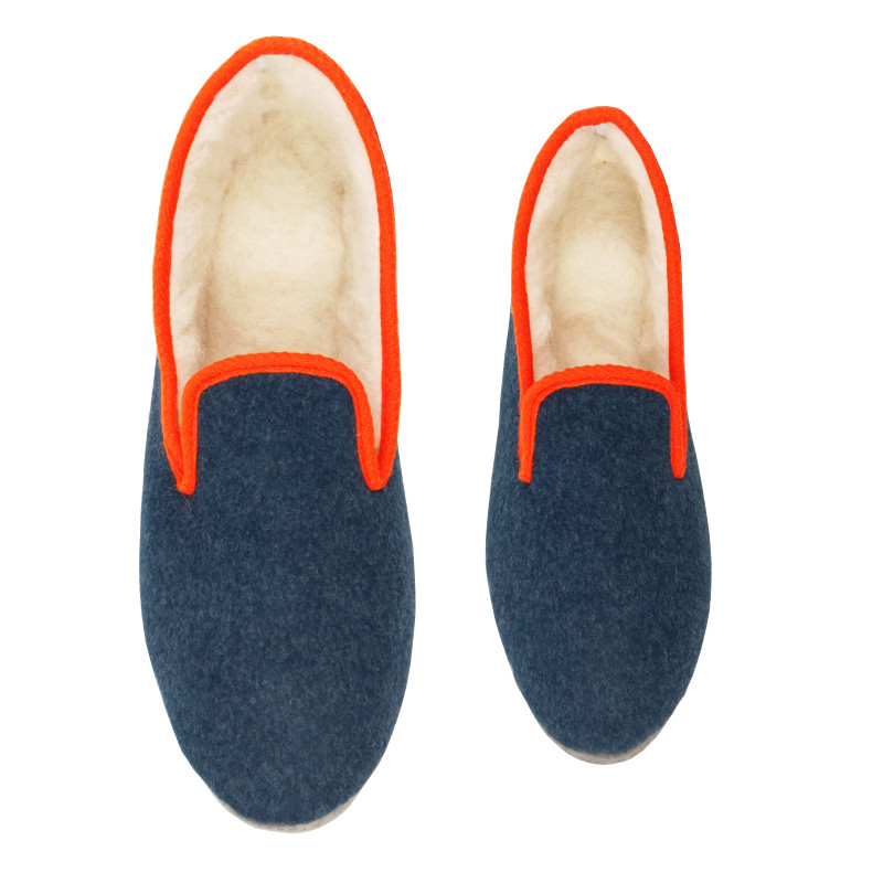 vue dessus charentaises bleu denim orange jules & jenn