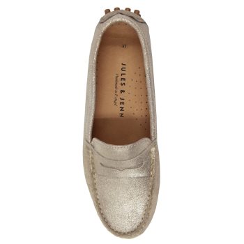 vue dessus mocassins cuir daim metallise dore jules & jenn