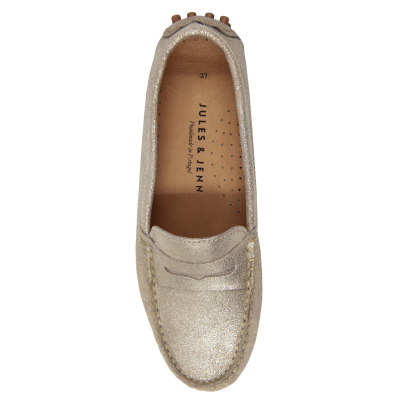 vue dessus mocassins cuir daim metallise dore jules & jenn