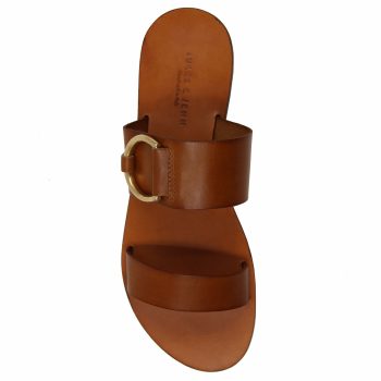 vue dessus sandales plates boucle cuir camel jules & jenn