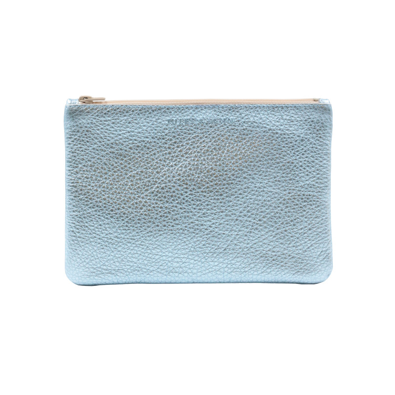 pochette cuir graine metallise bleu jules & jenn