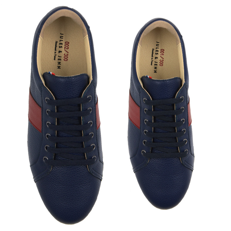 vue dessus baskets made in france cuir graine bleu rouge jules & jenn