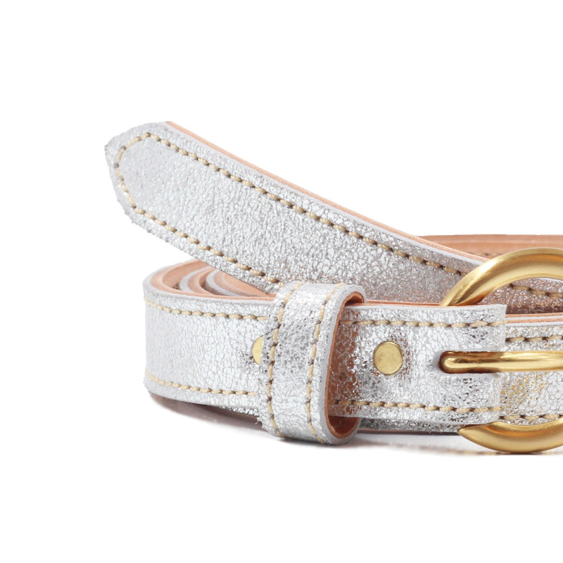 vue serree ceinture boucle or cuir metallise argente