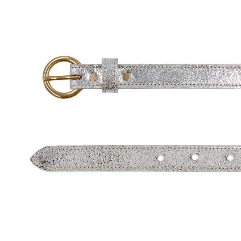 vue dessus ceinture boucle or cuir metallise argente