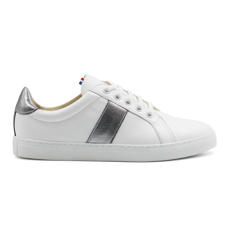 vue exterieur baskets made in france cuir blanc & argente jules & jenn
