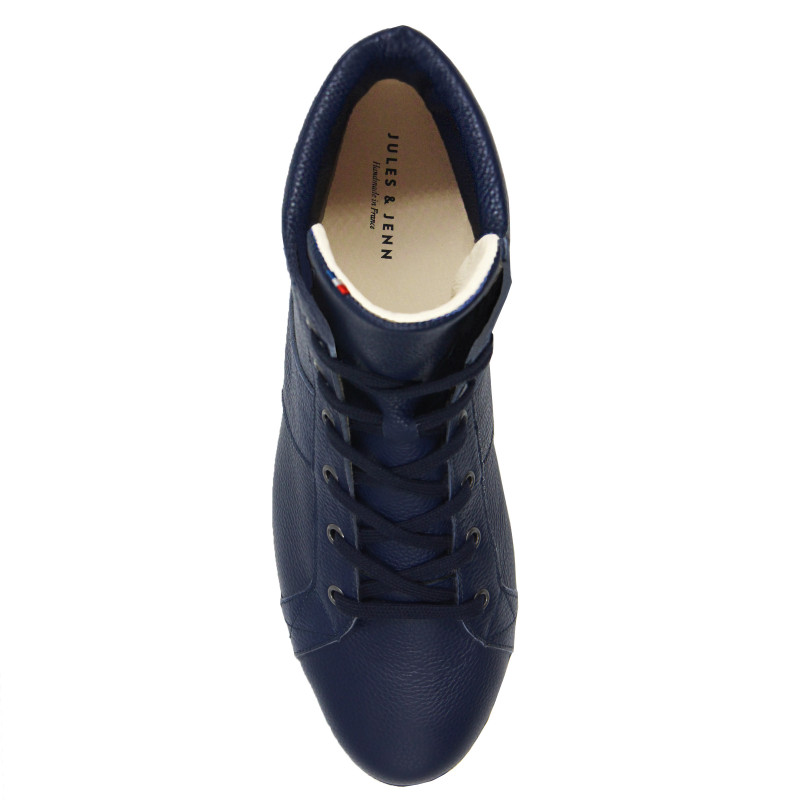vue dessus baskets montantes made in france cuir graine bleu jules & jenn