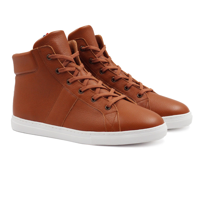 baskets montantes made in france cuir graine cognac jules & jenn