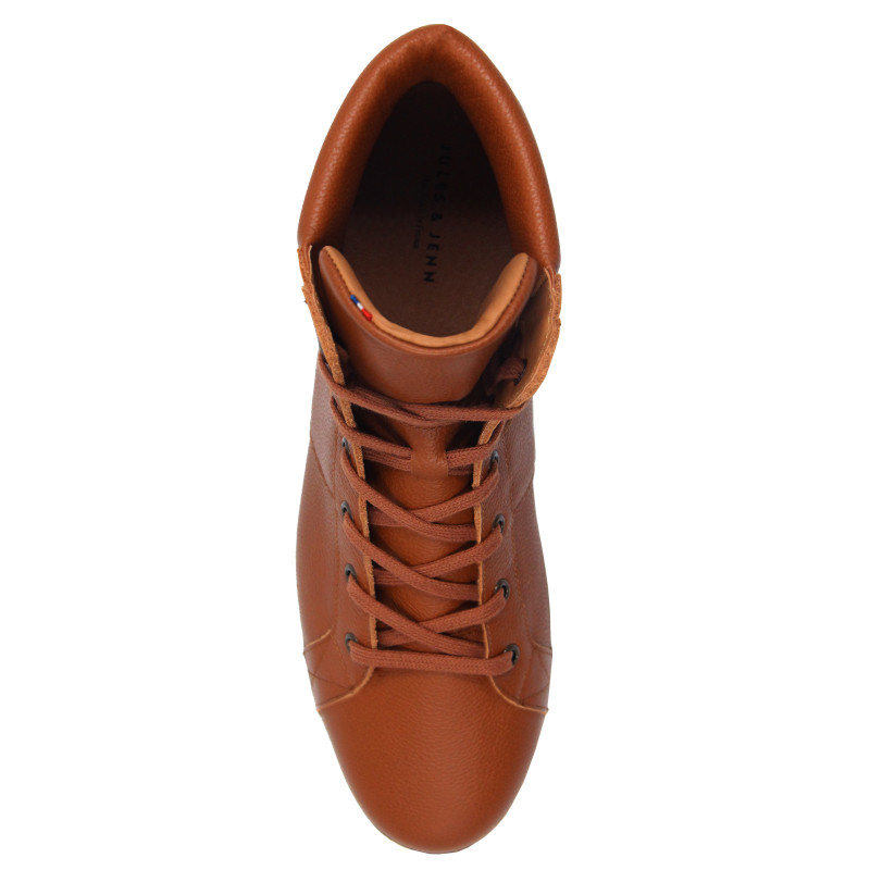 vue dessus baskets montantes made in france cuir graine cognac jules & jenn
