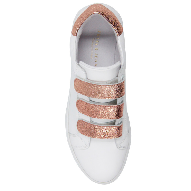 vue dessus baskets scratch cuir blanc & metallise rose jules & jenn