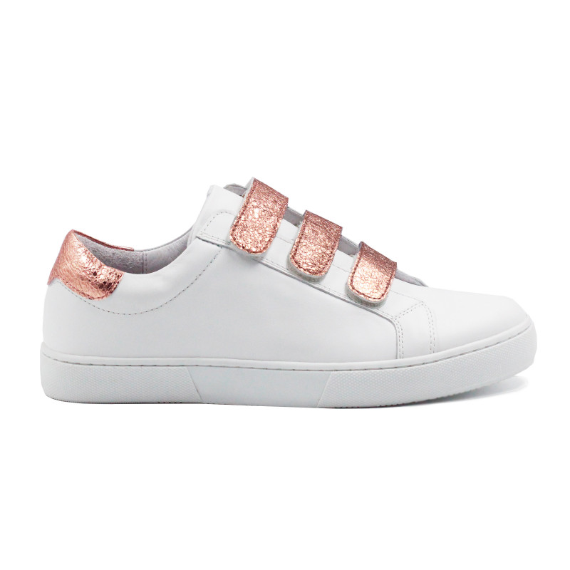 vue exterieur baskets scratch cuir blanc & metallise rose jules & jenn