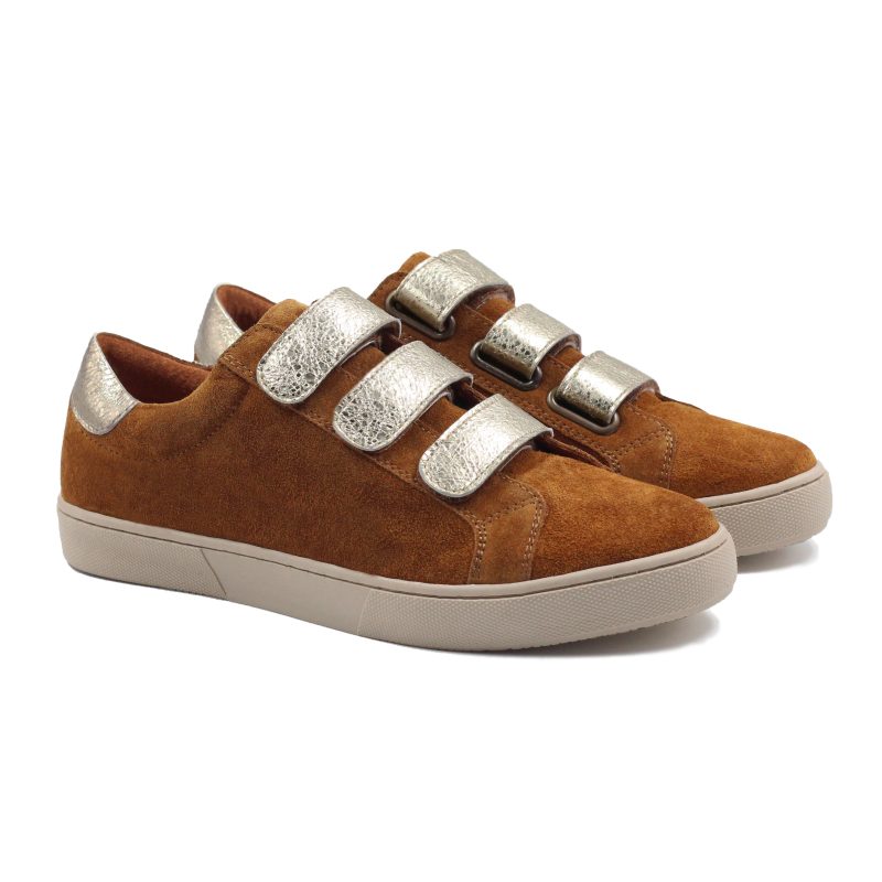 baskets scratch cuir daim cognac metallise dore jules & jenn
