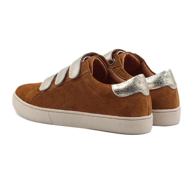 vue arriere baskets scratch cuir daim cognac metallise dore jules & jenn