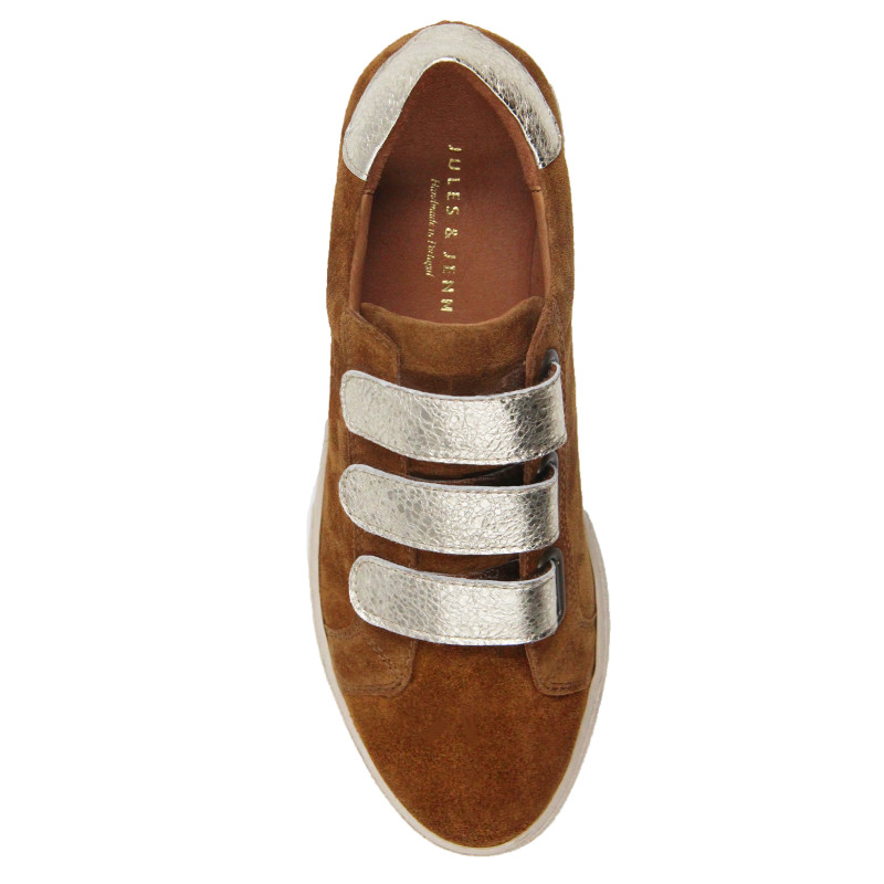 vue dessus baskets scratch cuir daim cognac metallise dore jules & jenn